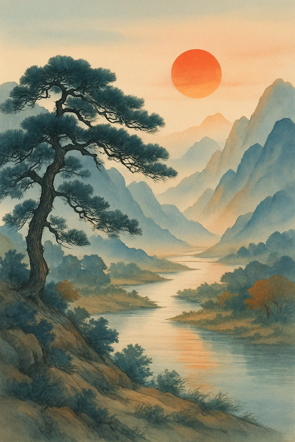 一轮红日起，万山入画中。