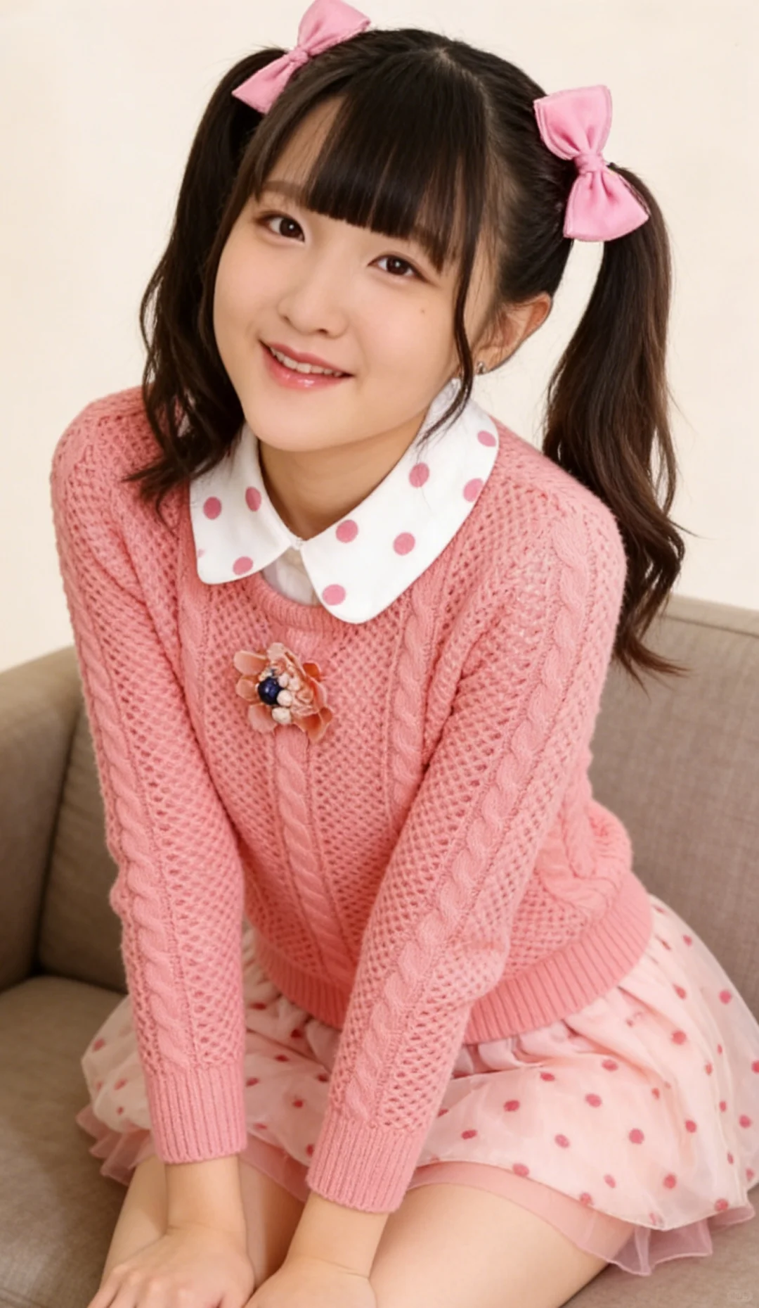 双马尾美少女粉系时装秀 圆点娃娃领 粉色裙