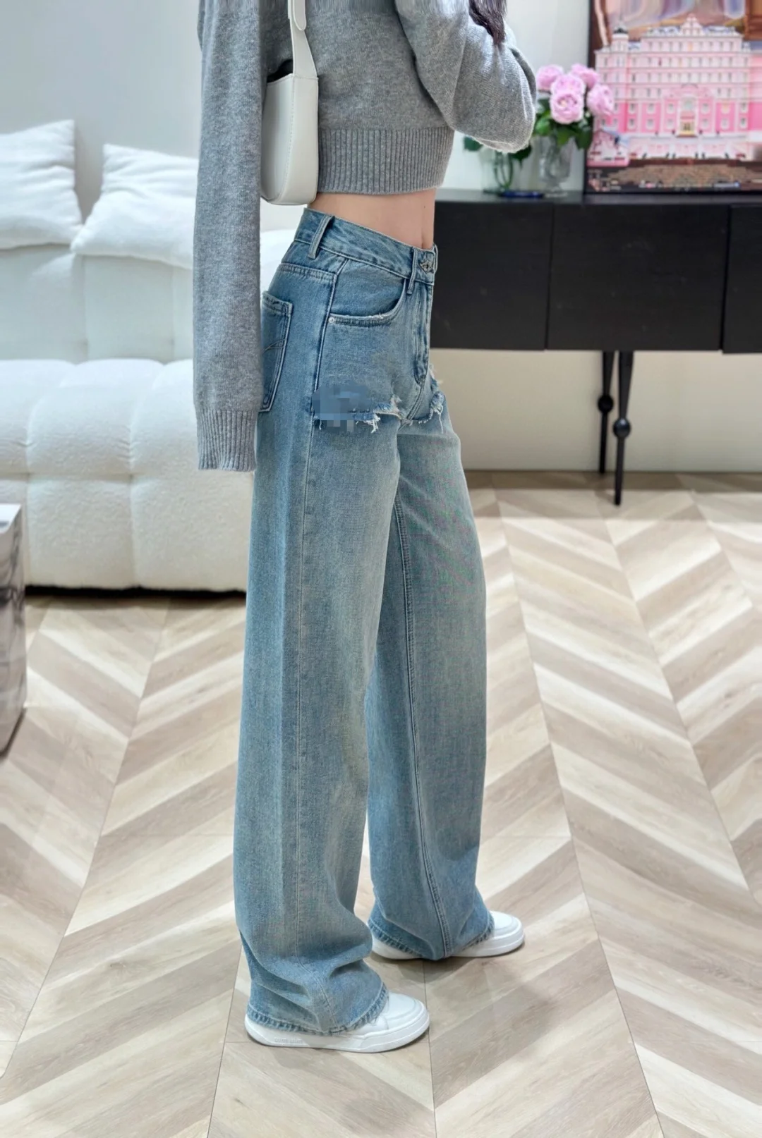 名媛网红立体刺绣字母牛仔裤女式高腰宽松假