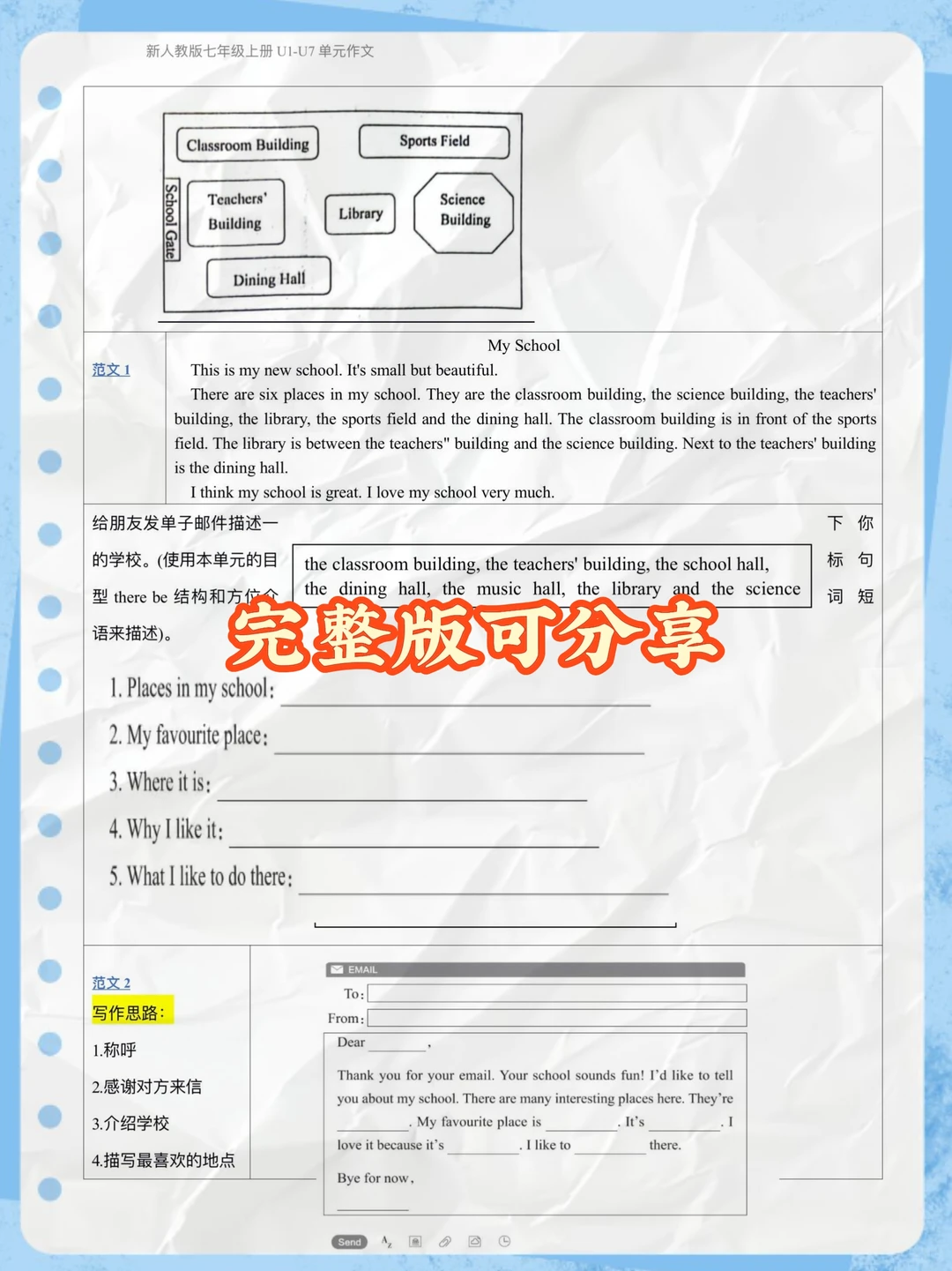 英语作文直接套！七年级1－7单元