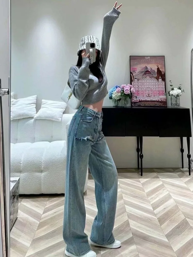 名媛网红立体刺绣字母牛仔裤女式高腰宽松假