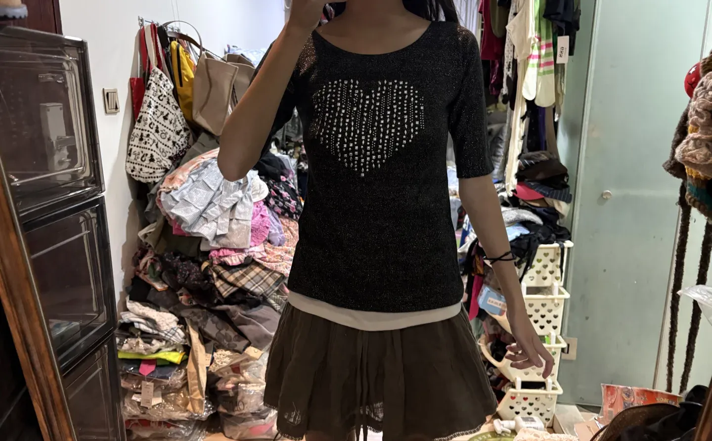 涩谷辣妹y2k亚文化 假两件蝴蝶结开襟爱心