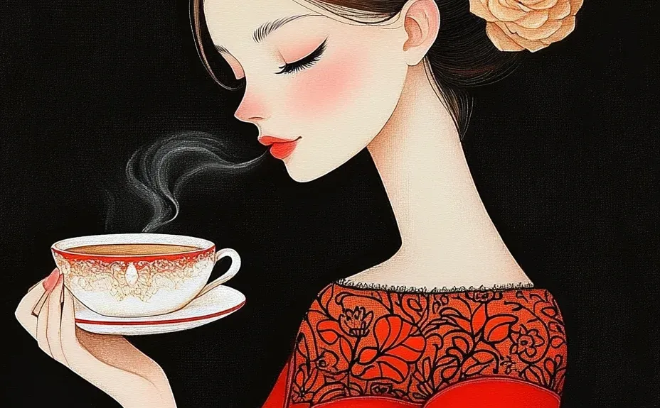 绝美红衣女郎，在黑色画卷中浅尝咖啡香气