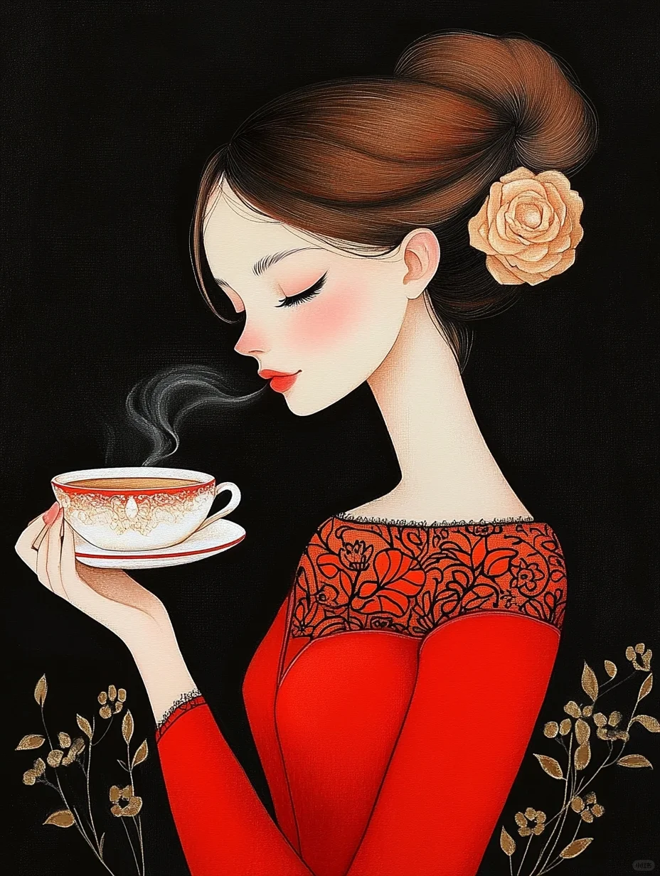 绝美红衣女郎，在黑色画卷中浅尝咖啡香气