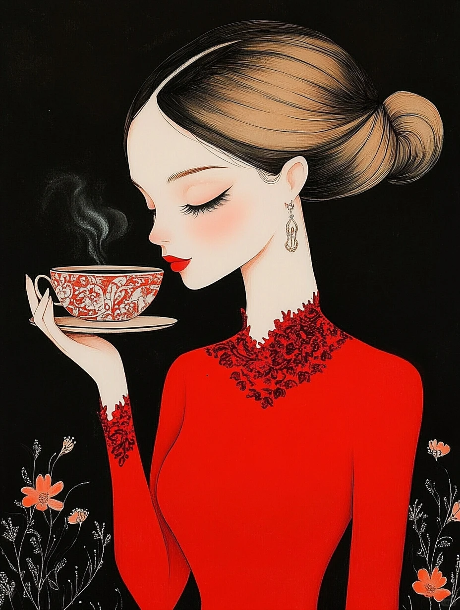 绝美红衣女郎，在黑色画卷中浅尝咖啡香气