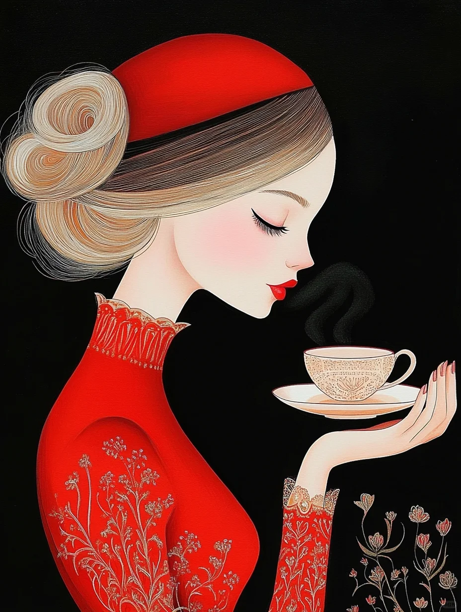 绝美红衣女郎，在黑色画卷中浅尝咖啡香气