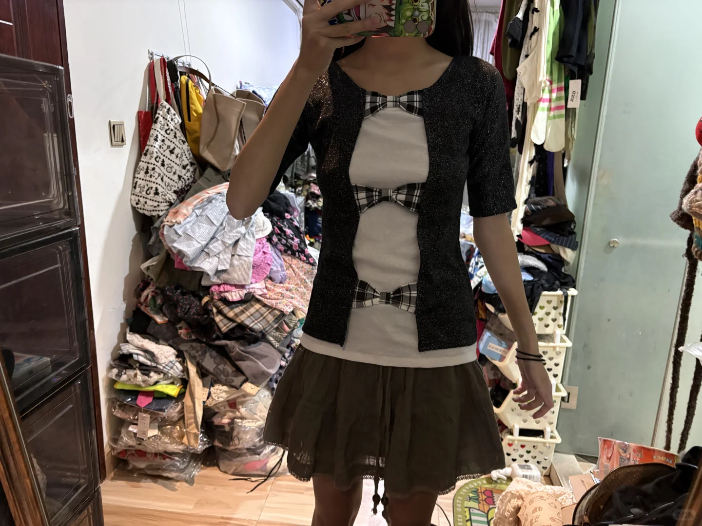 涩谷辣妹y2k亚文化 假两件蝴蝶结开襟爱心