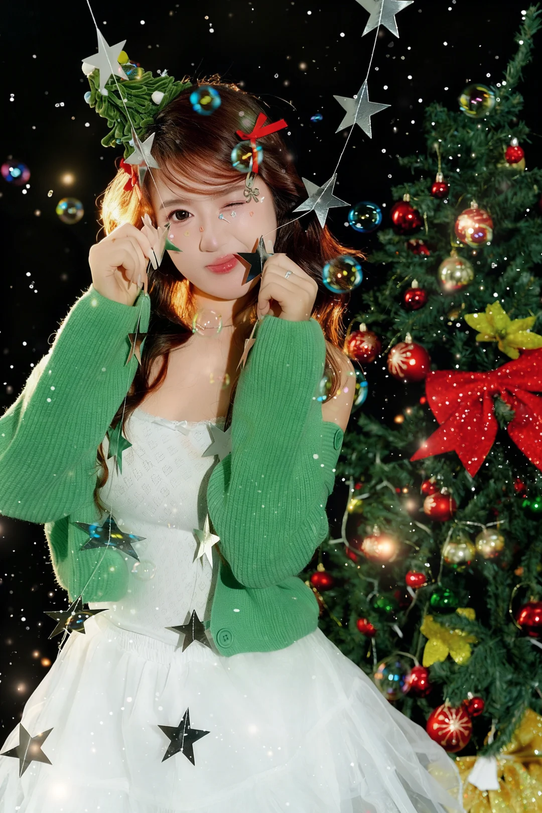 被圣诞树和泡泡包围的精灵🧚‍♀️