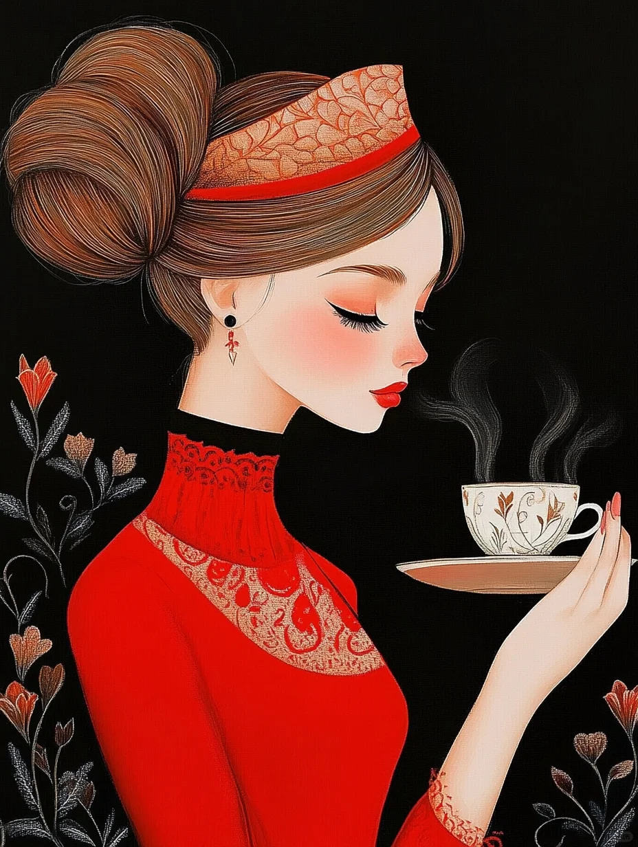 绝美红衣女郎，在黑色画卷中浅尝咖啡香气