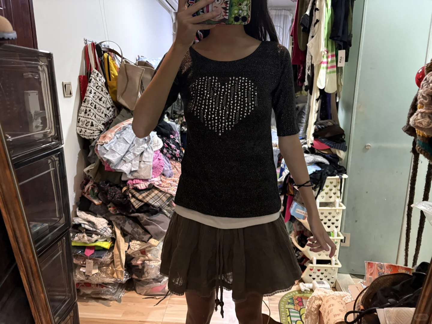 涩谷辣妹y2k亚文化 假两件蝴蝶结开襟爱心