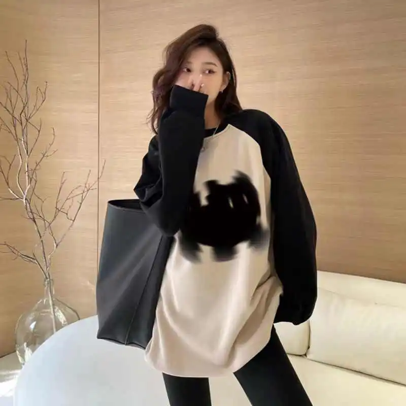 美式复古卫衣插肩大码打底衫女中长款t恤宽