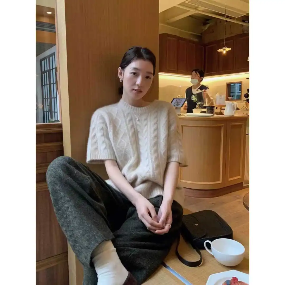 春秋新款马海毛短袖针织复古麻花毛衣小众高