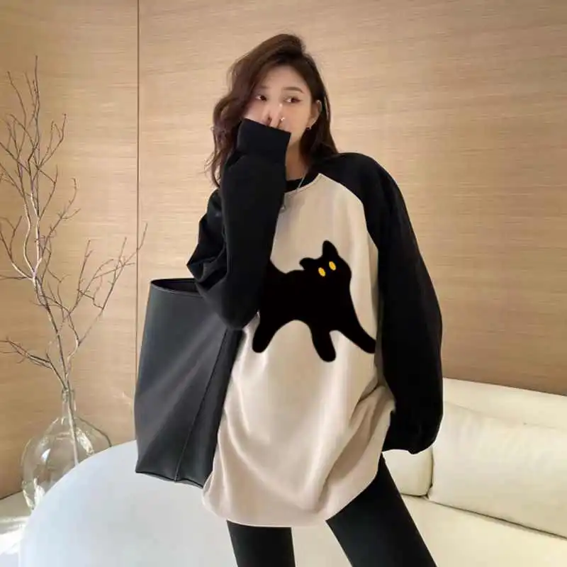 美式复古卫衣插肩大码打底衫女中长款t恤宽