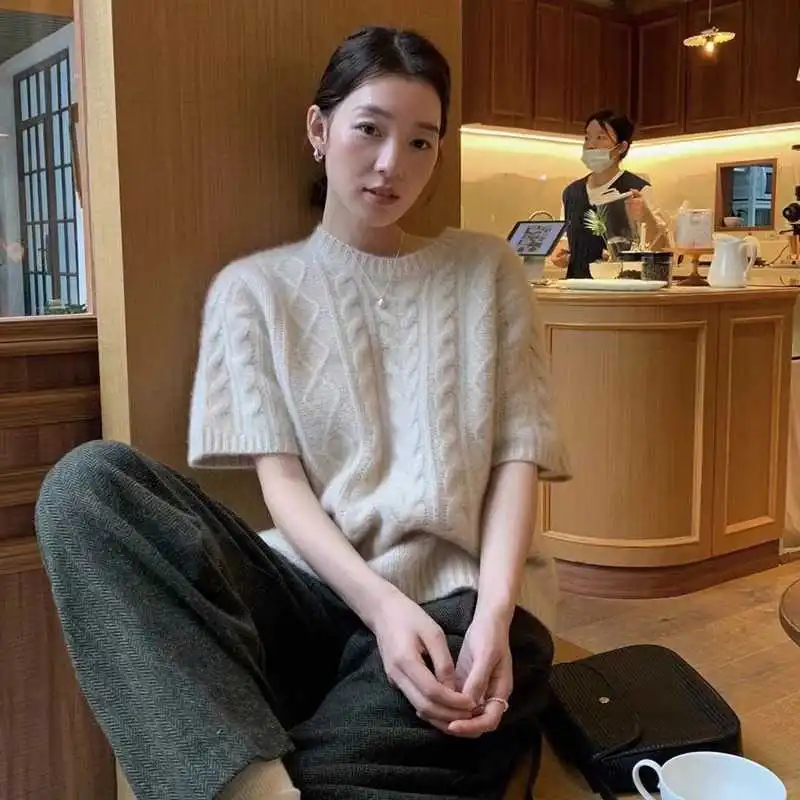 春秋新款马海毛短袖针织复古麻花毛衣小众高