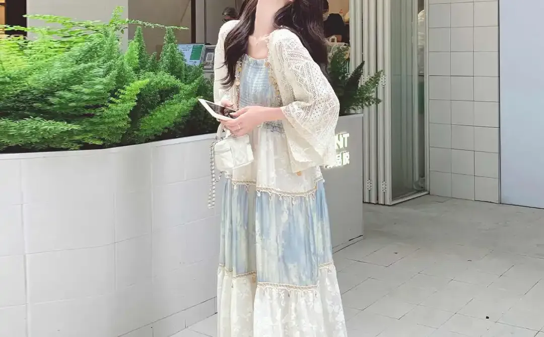 波西米亚风撞色提花拼接吊带连衣裙套装女2