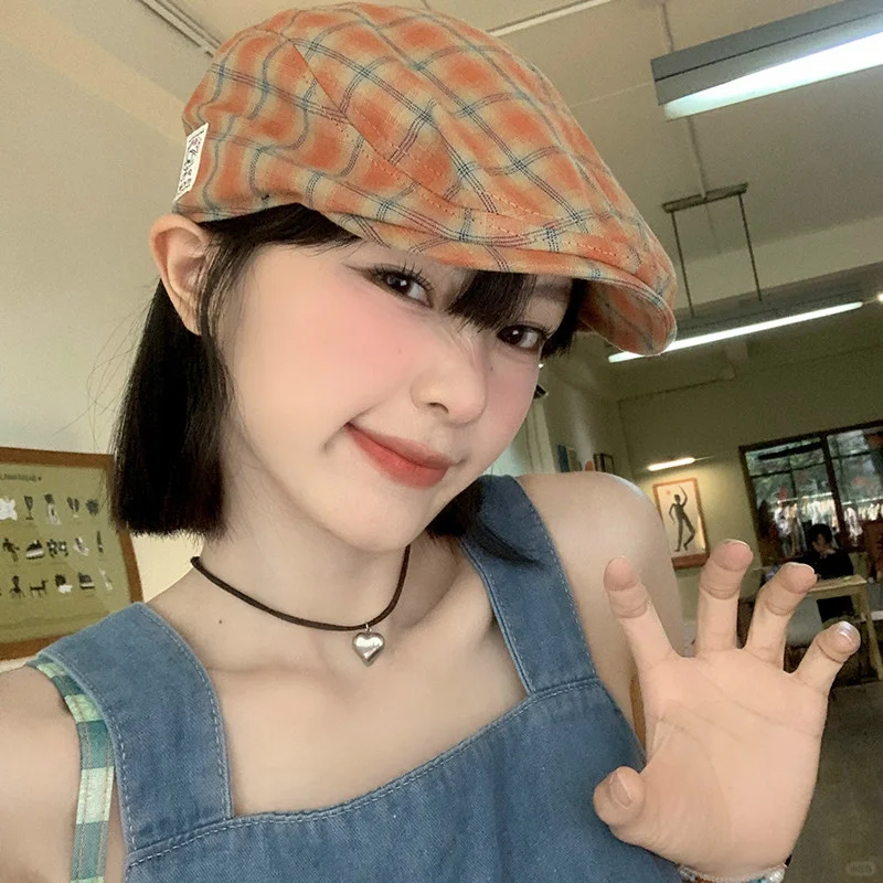 日系复古格纹前进帽女春夏英伦风大头围显脸