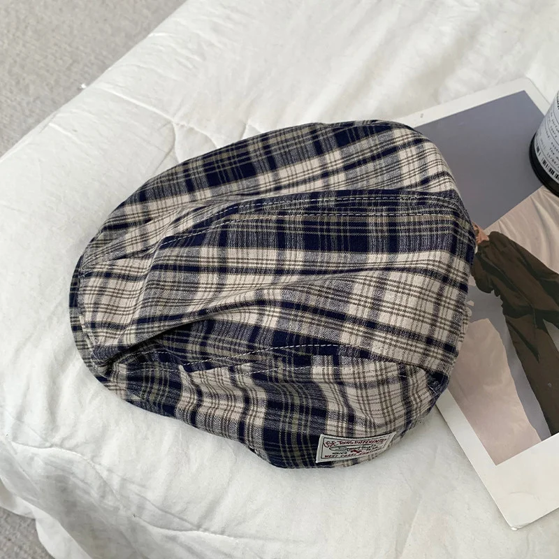 日系复古格纹前进帽女春夏英伦风大头围显脸