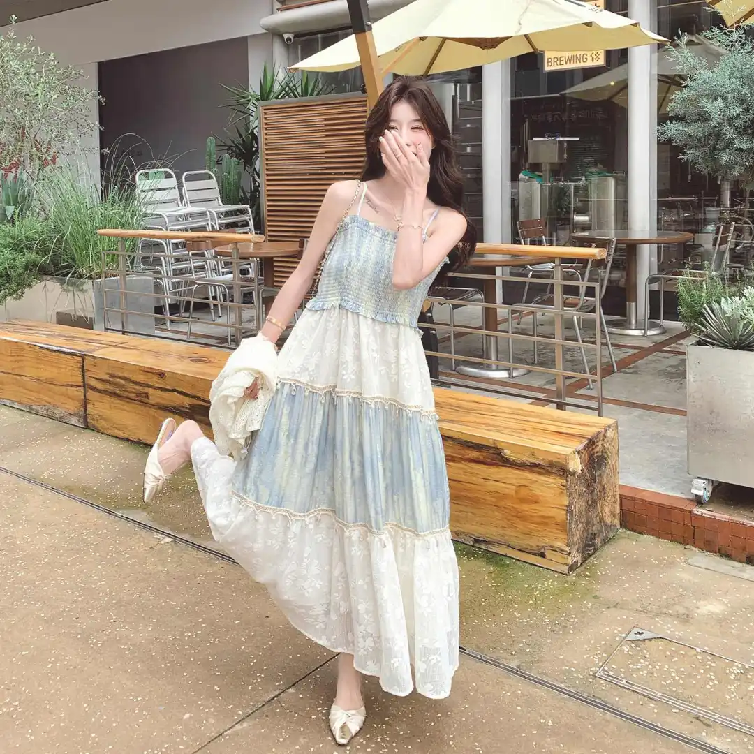 波西米亚风撞色提花拼接吊带连衣裙套装女2