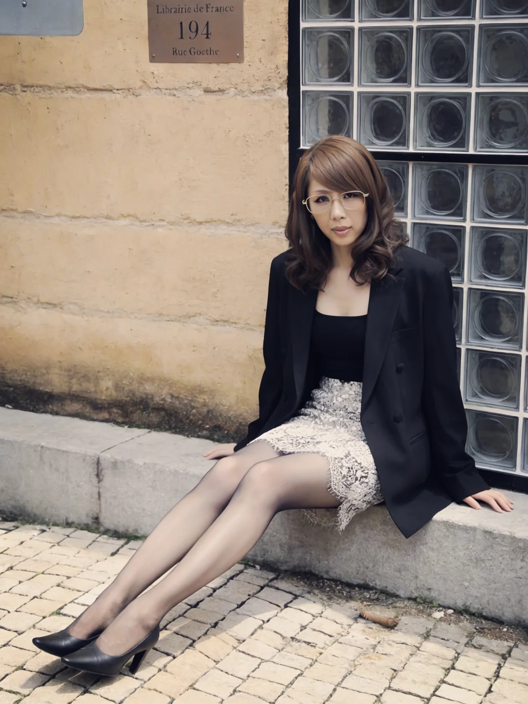 轻熟姐姐风｜黑西装+透肤黑丝+蕾丝半裙