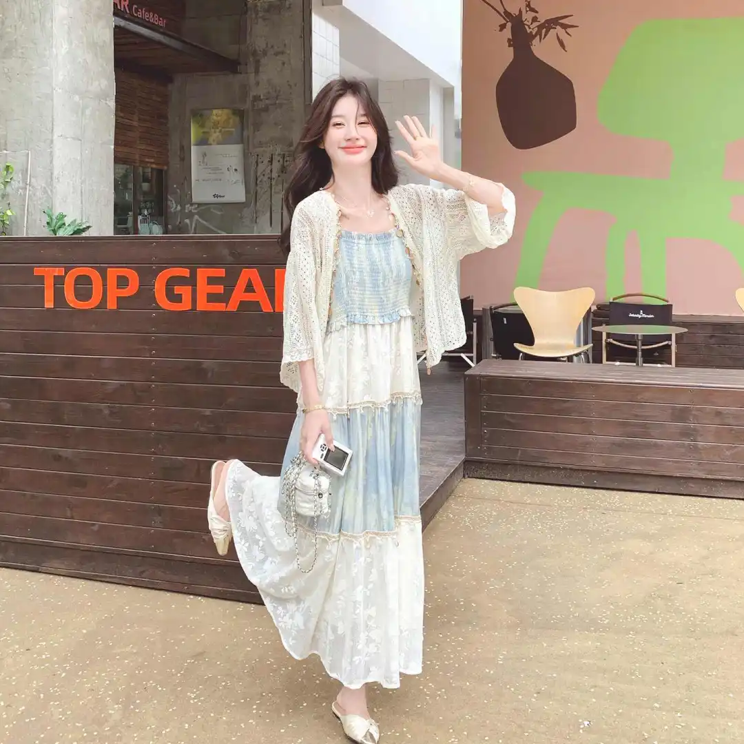 波西米亚风撞色提花拼接吊带连衣裙套装女2