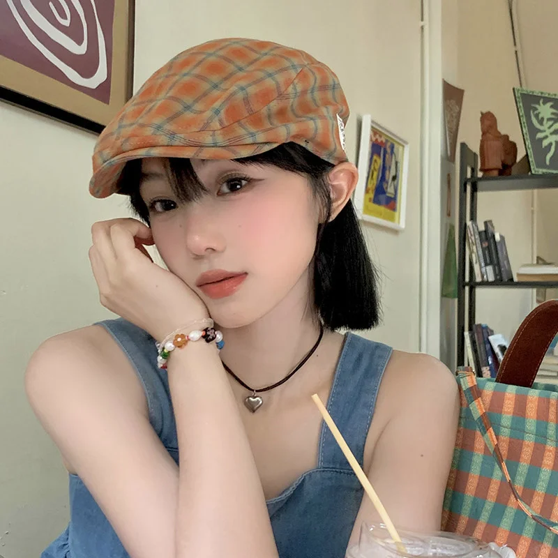 日系复古格纹前进帽女春夏英伦风大头围显脸