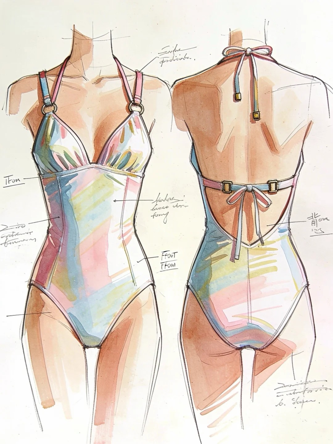 多巴胺落日幻彩｜法式露背连体泳衣设计稿