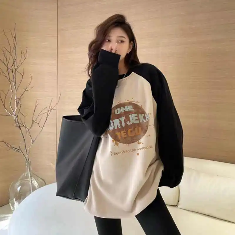 美式复古卫衣插肩大码打底衫女中长款t恤宽