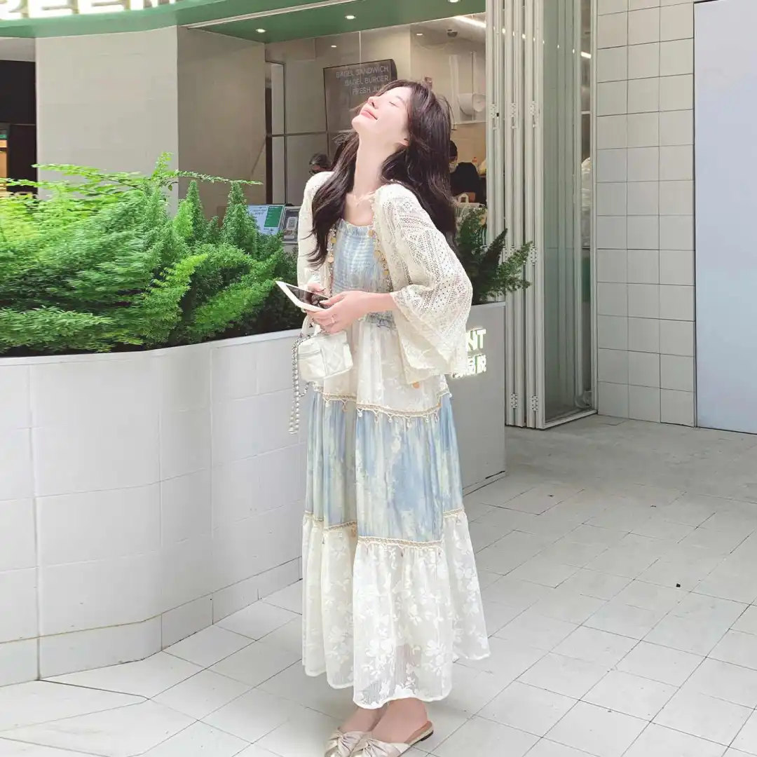 波西米亚风撞色提花拼接吊带连衣裙套装女2