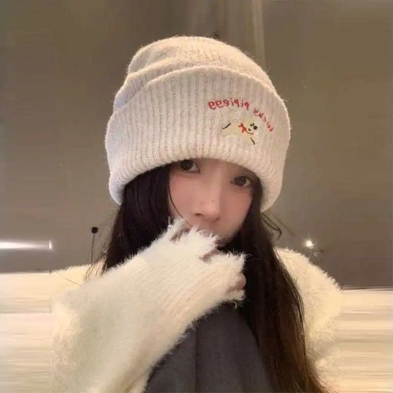 💖韩系可爱小狗针织毛线帽女加厚保暖秋