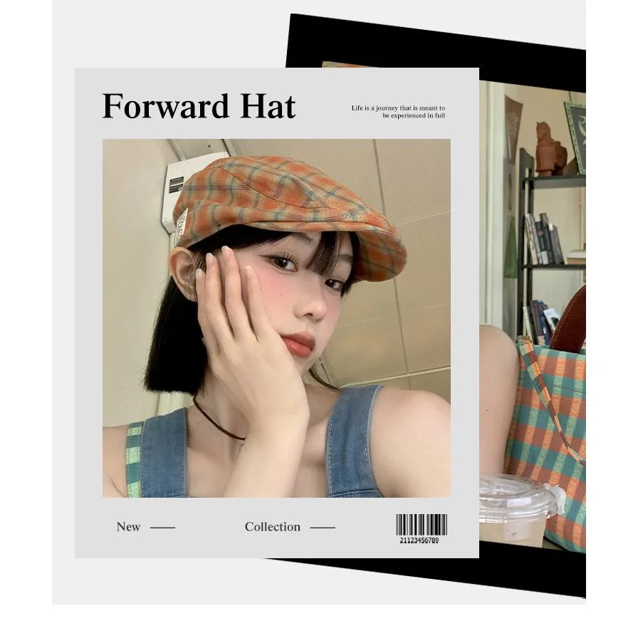 日系复古格纹前进帽女春夏英伦风大头围显脸