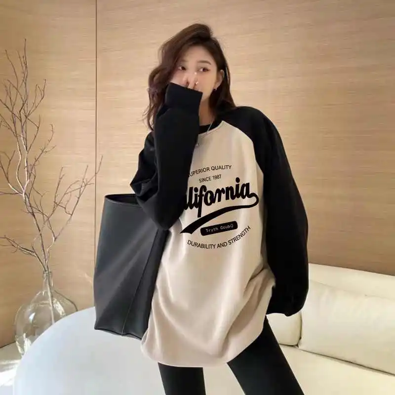 美式复古卫衣插肩大码打底衫女中长款t恤宽