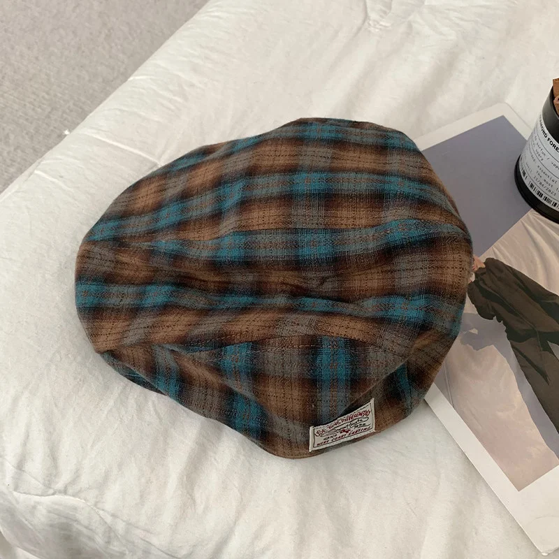 日系复古格纹前进帽女春夏英伦风大头围显脸