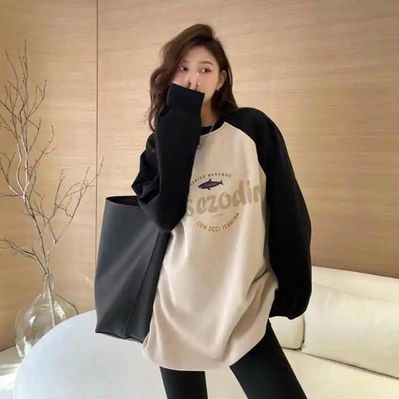 美式复古卫衣插肩大码打底衫女中长款t恤宽