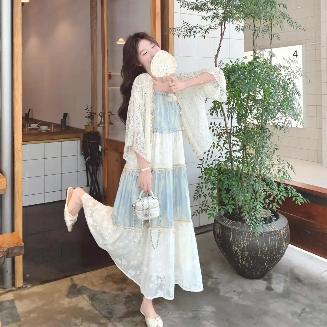 波西米亚风撞色提花拼接吊带连衣裙套装女2