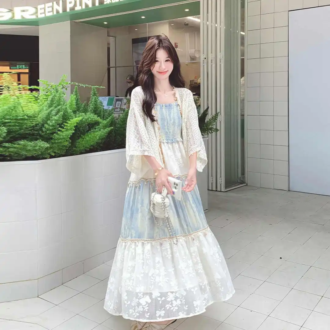 波西米亚风撞色提花拼接吊带连衣裙套装女2