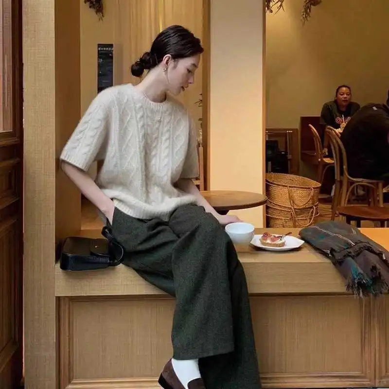 春秋新款马海毛短袖针织复古麻花毛衣小众高