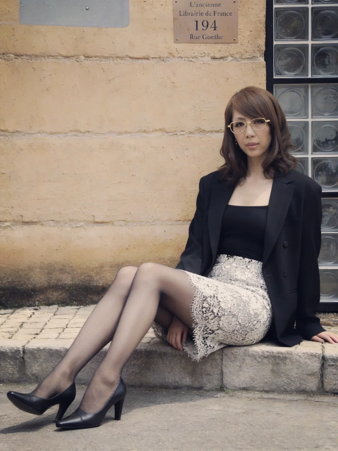 轻熟姐姐风｜黑西装+透肤黑丝+蕾丝半裙