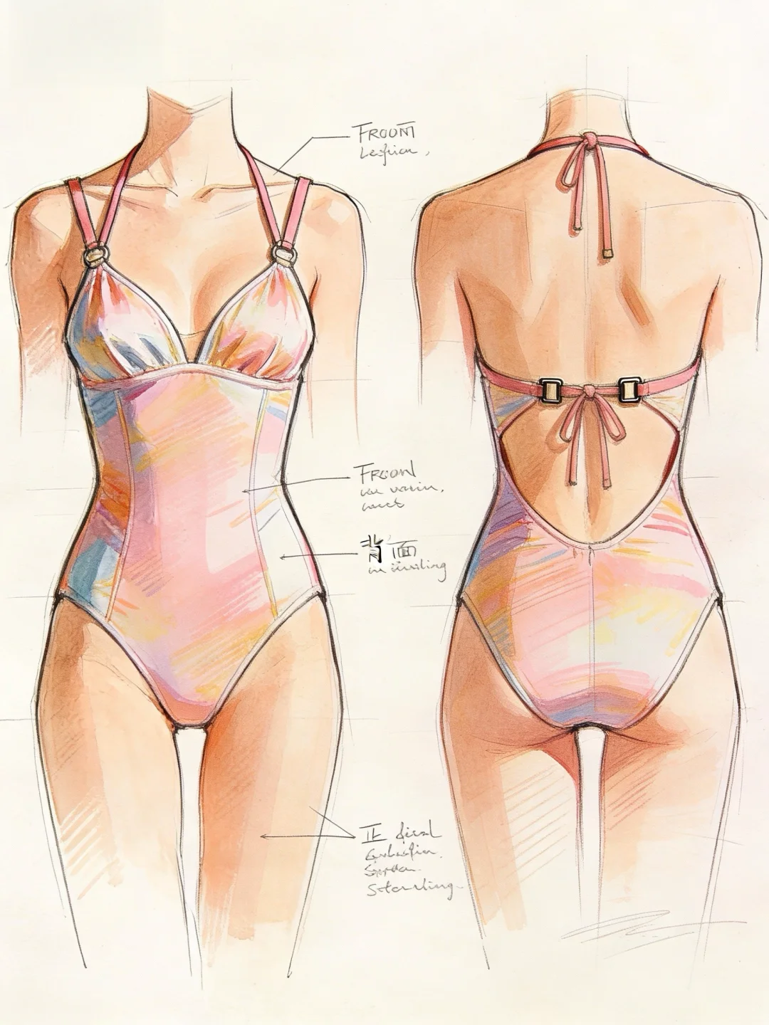 多巴胺落日幻彩｜法式露背连体泳衣设计稿