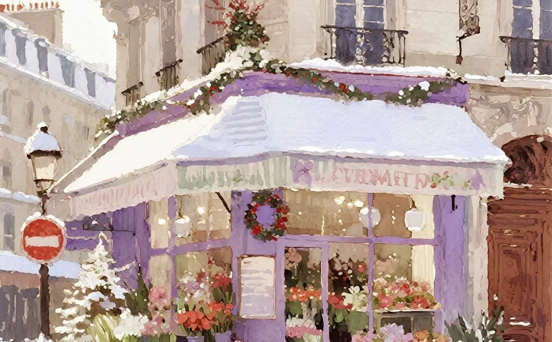 初雪包围了浪漫的紫色，冬季的花朵愈显娇艳