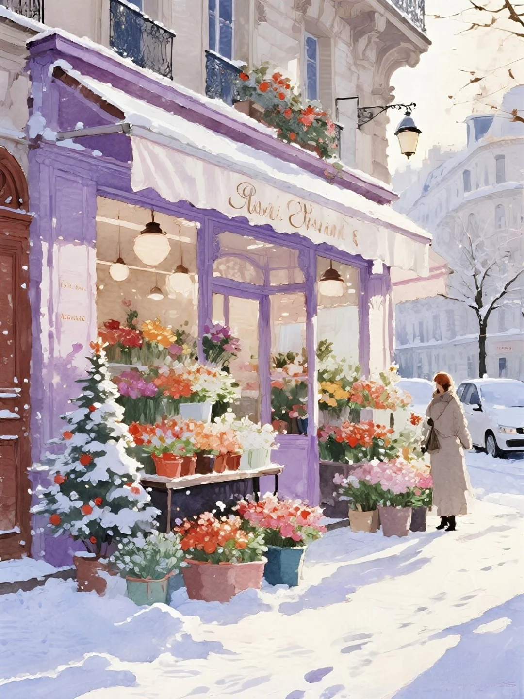 初雪包围了浪漫的紫色，冬季的花朵愈显娇艳