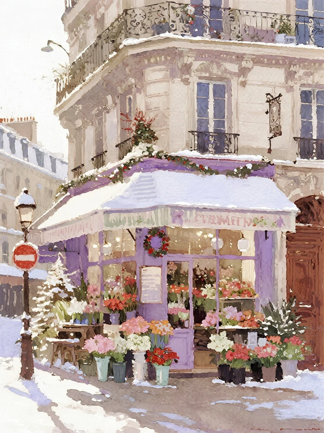 初雪包围了浪漫的紫色，冬季的花朵愈显娇艳