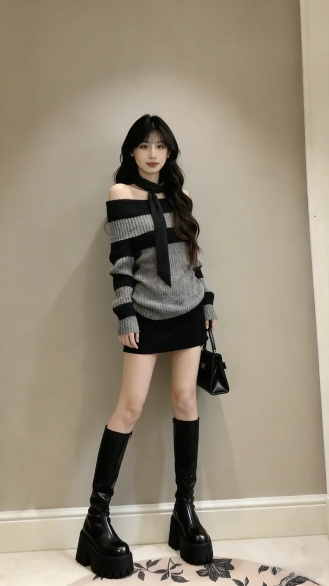 露肩条纹 + 领带｜纯欲辣妹氛围感