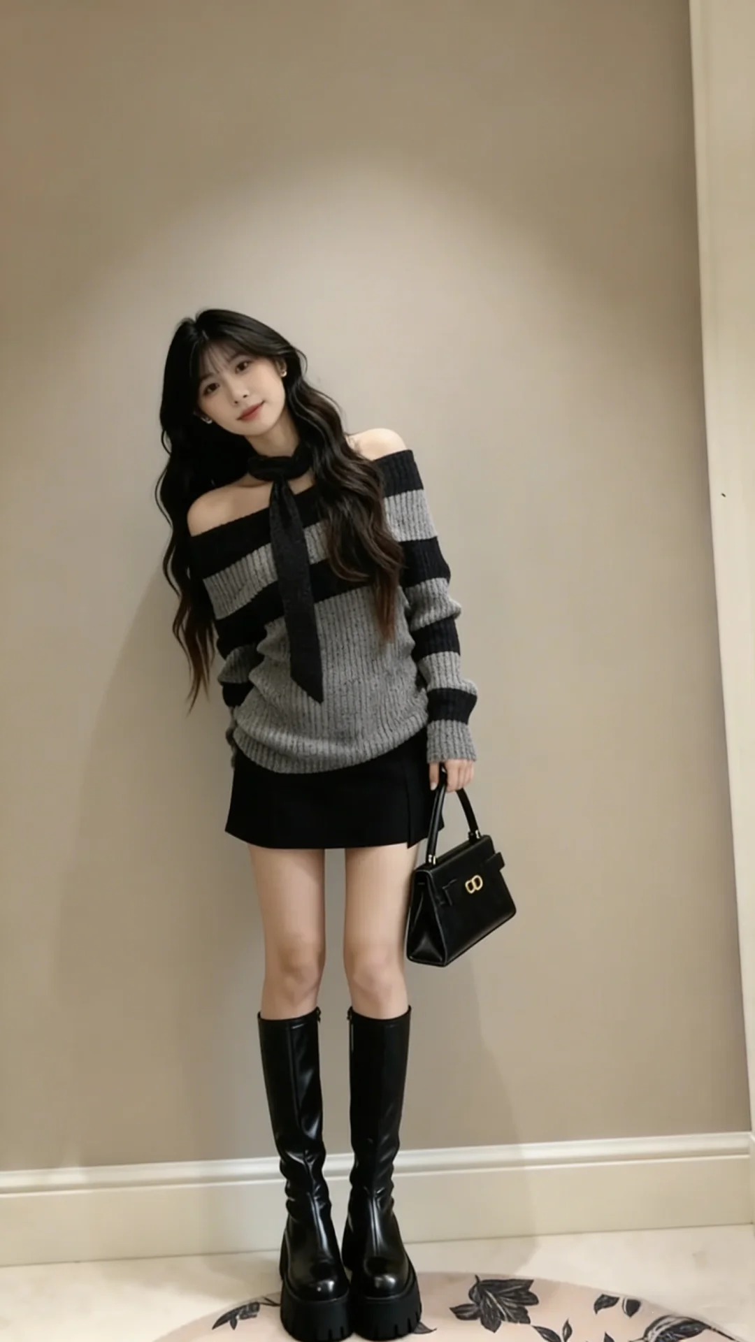 露肩条纹 + 领带｜纯欲辣妹氛围感