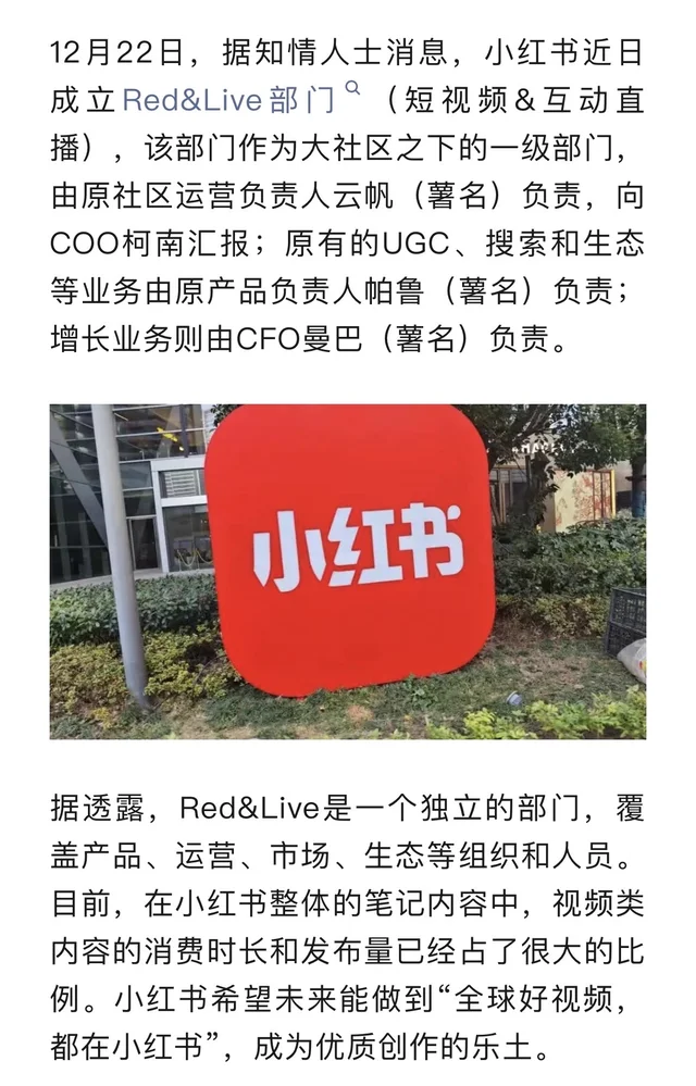 小红书组织架构调整，成立短视频&直播部门