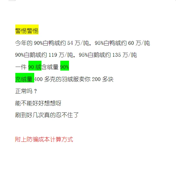 鸭绒都50多万一吨，一件卖200块，可能吗？