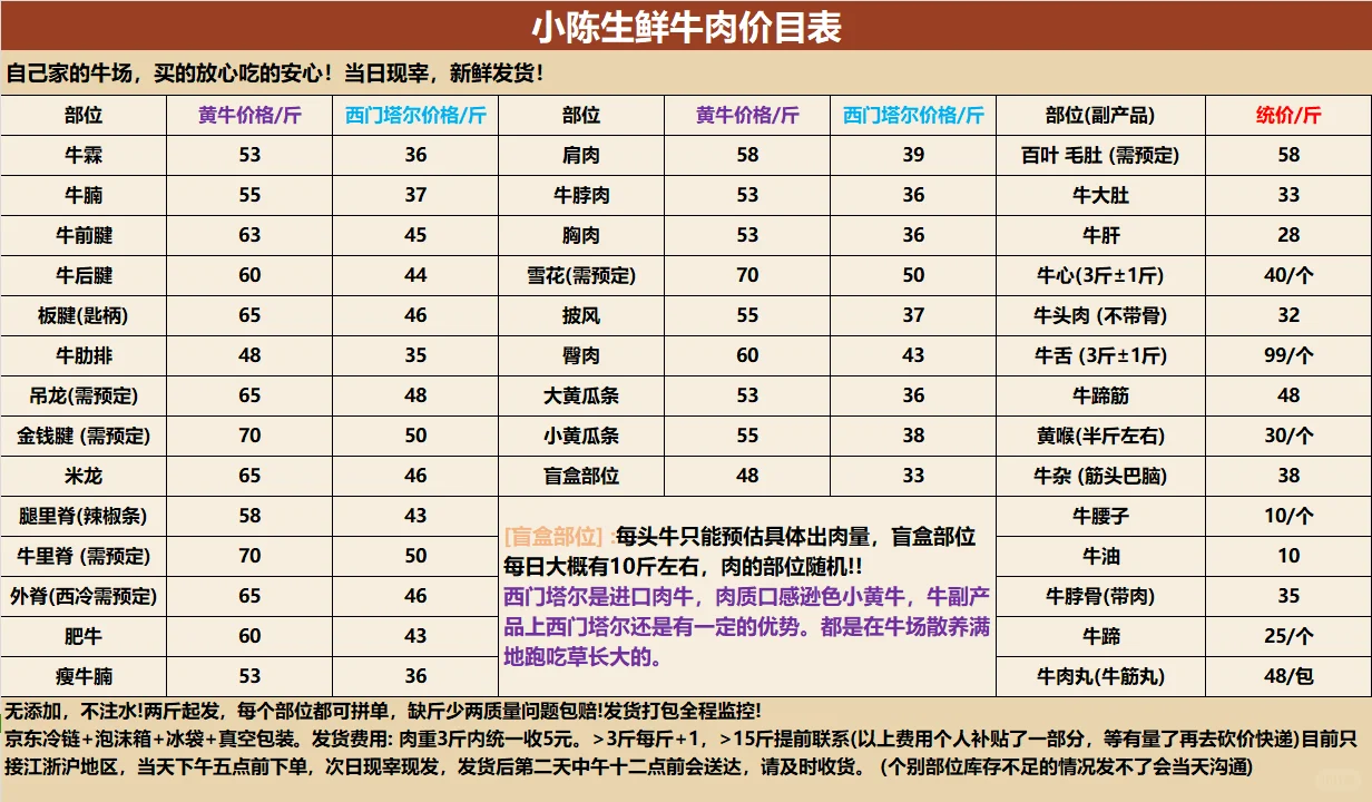 正宗黄牛肉!价格表在第二页哦