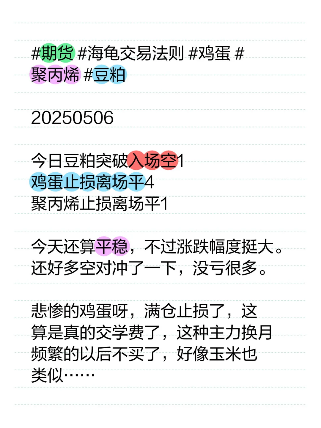 20250506豆粕突破空1,鸡蛋、聚丙烯止损离场