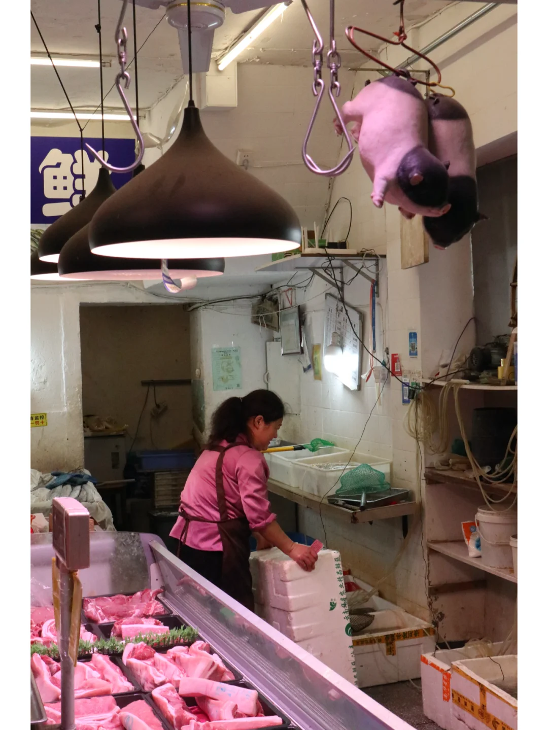 一个吊着两头小小?的猪肉店