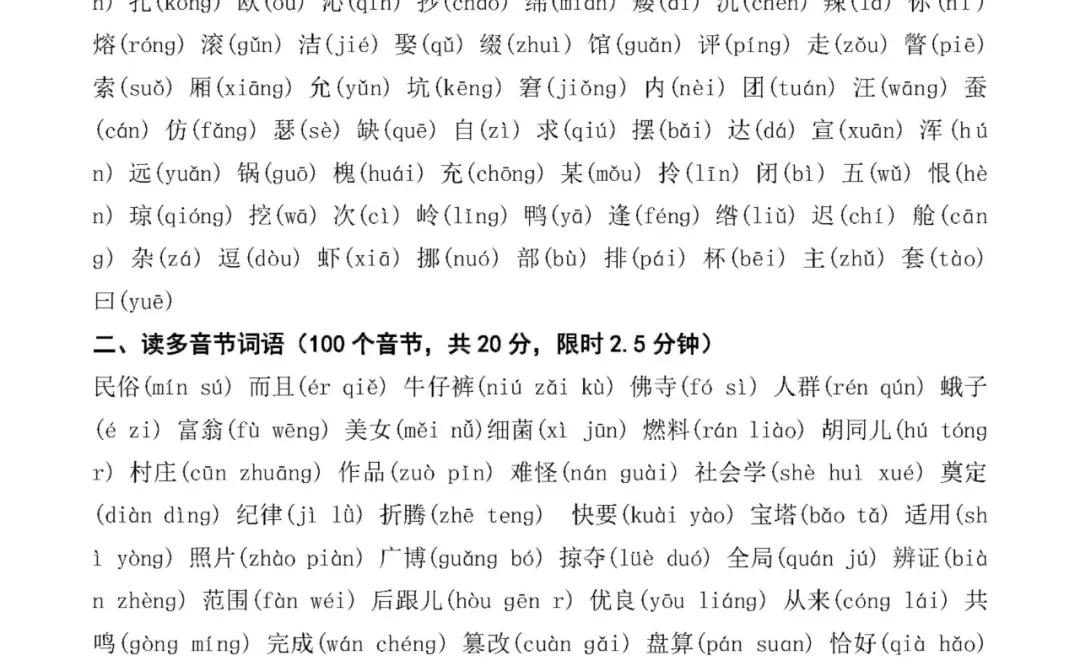 国家普通话水平测试试题(100套)练习题分享