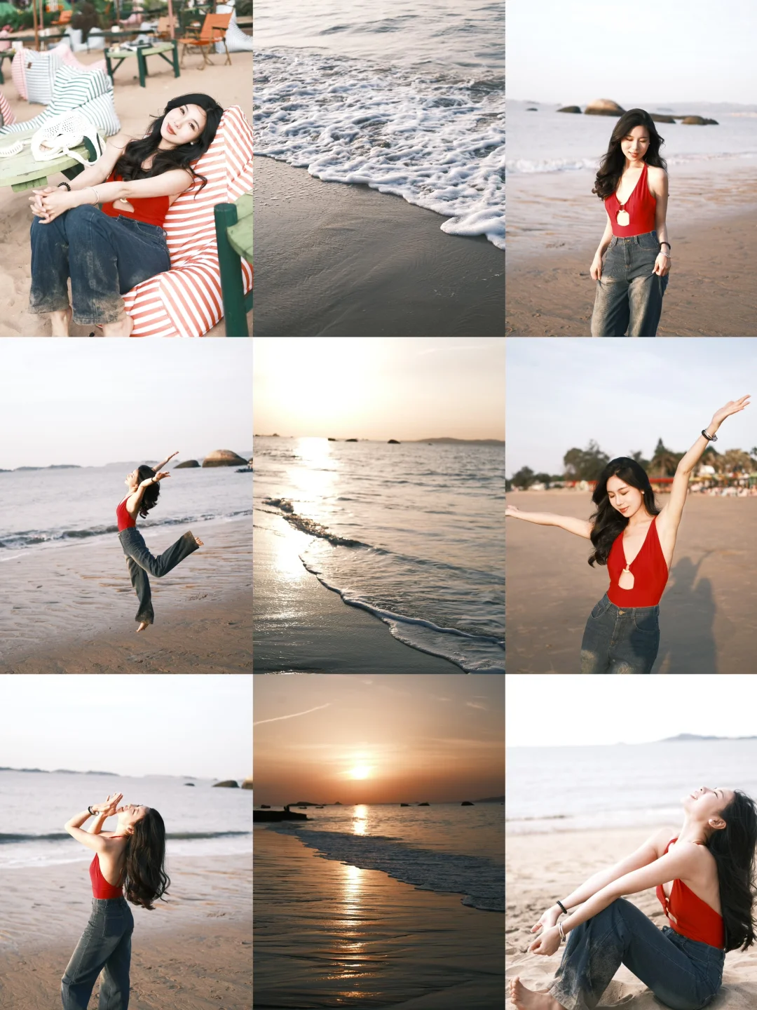 红色泳衣和海边真的绝配🏖️